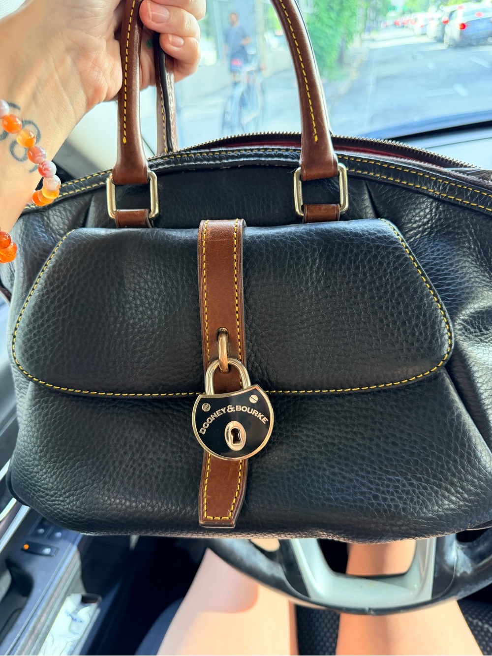 Dooney & Bourke Black Leather Satchel with Brown Trim and Gold Hardware